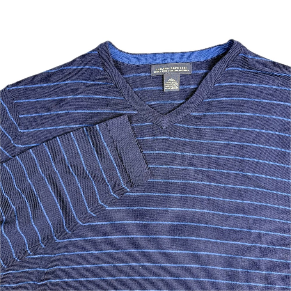 Banana Republic Sweater Crew Neck Merino Wool Blue Striped Men's L‎